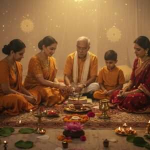 A multi-generational Indian family gathered in a serene, ethereal setting, sitting together on an intricately patterned, handwoven rug. The scene is adorned with traditional Indian motifs like lotus flowers and small glowing mandalas floating around them. The elders are teaching the younger members sacred rituals, with items like incense sticks, a diya lamp, and a holy book placed in front of them. The atmosphere is peaceful, illuminated by soft, warm golden light, reflecting off their faces. The family members wear a blend of traditional and contemporary Indian attire in rich, deep colors—saffron, maroon, and peacock blue—complemented by delicate gold jewelry. A gentle aura of spirituality and connection permeates the scene, evoking a sense of unity and continuity of heritage.