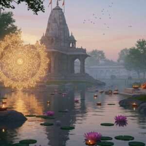 A serene landscape showcasing a tranquil, hidden spiritual site in India. A peaceful temple nestled amidst lush greenery, with gentle streams flowing nearby, reflecting soft pastel hues of dawn or dusk. In the foreground, an intricately designed glowing mandala hovers above the water's surface, casting a warm, ethereal glow. Traditional Indian lamps float on the water, their golden light mingling with the soft blues and pinks of the sky. A lone figure, dressed in traditional Indian attire, sits in meditation near the temple entrance, surrounded by delicate lotus flowers. The scene is imbued with a sense of tranquility and discovery, inviting viewers to explore the sacred beauty beyond the well-known shrines. The art style merges traditional Indian motifs with a modern digital aesthetic, balancing heritage with innovation.