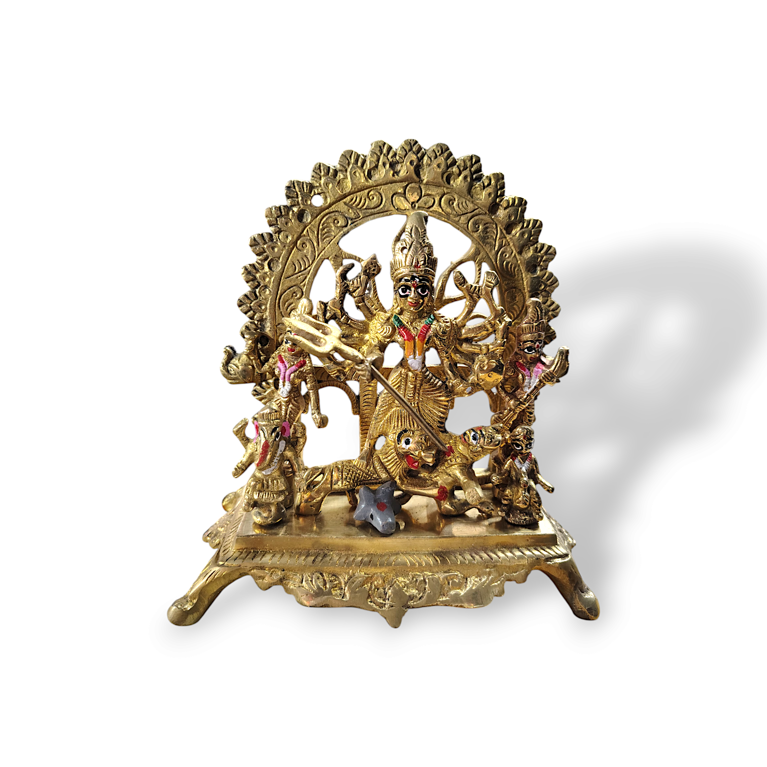 Pure Brass Durga Maa Idol with Family - Pittal Maa Durga Murti - Handcrafted Hindu Goddess Puja Statue - Maa Durga with Laxmi, Swaraswati, Ganesh and Kartik - 8"x6.5" Approx Durga Murti for Pooja