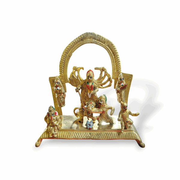 Pure Brass Durga Maa Idol with Family - Pittal Maa Durga Murti - Handcrafted Hindu Goddess Puja Statue - Maa Durga with Laxmi, Swaraswati, Ganesh and Kartik - 9"x9" Approx Durga Murti for Pooja - Image 3