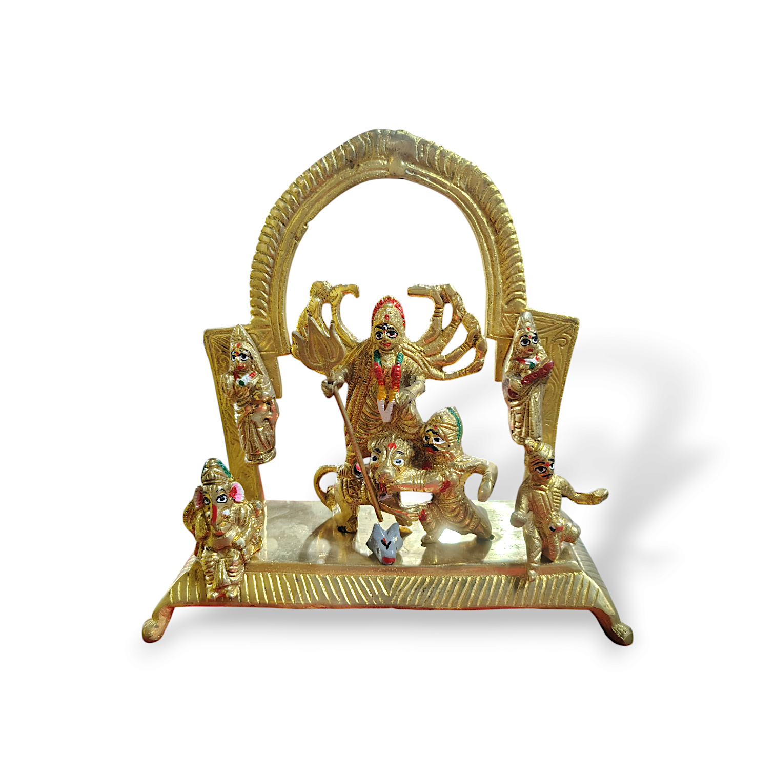 Pure Brass Durga Maa Idol with Family - Pittal Maa Durga Murti - Handcrafted Hindu Goddess Puja Statue - Maa Durga with Laxmi, Swaraswati, Ganesh and Kartik - 9"x9" Approx Durga Murti for Pooja