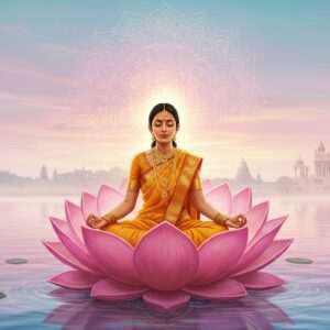 An elegant Indian woman sitting in a serene, meditative pose on a large, intricately designed lotus flower floating on a calm water surface. She is dressed in a traditional saffron saree with golden embroidery, her eyes closed in deep meditation. Soft, ethereal pastel hues of pink and blue surround her, blending into the tranquil background. Above her, a softly glowing mandala radiates light, symbolizing spiritual energy and enlightenment. In the distance, faint outlines of temple architecture hint at the cultural heritage. The scene is bathed in warm, gentle light, evoking a sense of peace, mindfulness, and spiritual awakening. Art style combines traditional Indian motifs with modern digital aesthetics for a captivating and harmonious look.