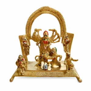 Pure Brass Durga Maa Idol with Family - Pittal Maa Durga Murti - Handcrafted Hindu Goddess Puja Statue - Maa Durga with Laxmi, Swaraswati, Ganesh and Kartik - 9"x9" Approx Durga Murti for Pooja