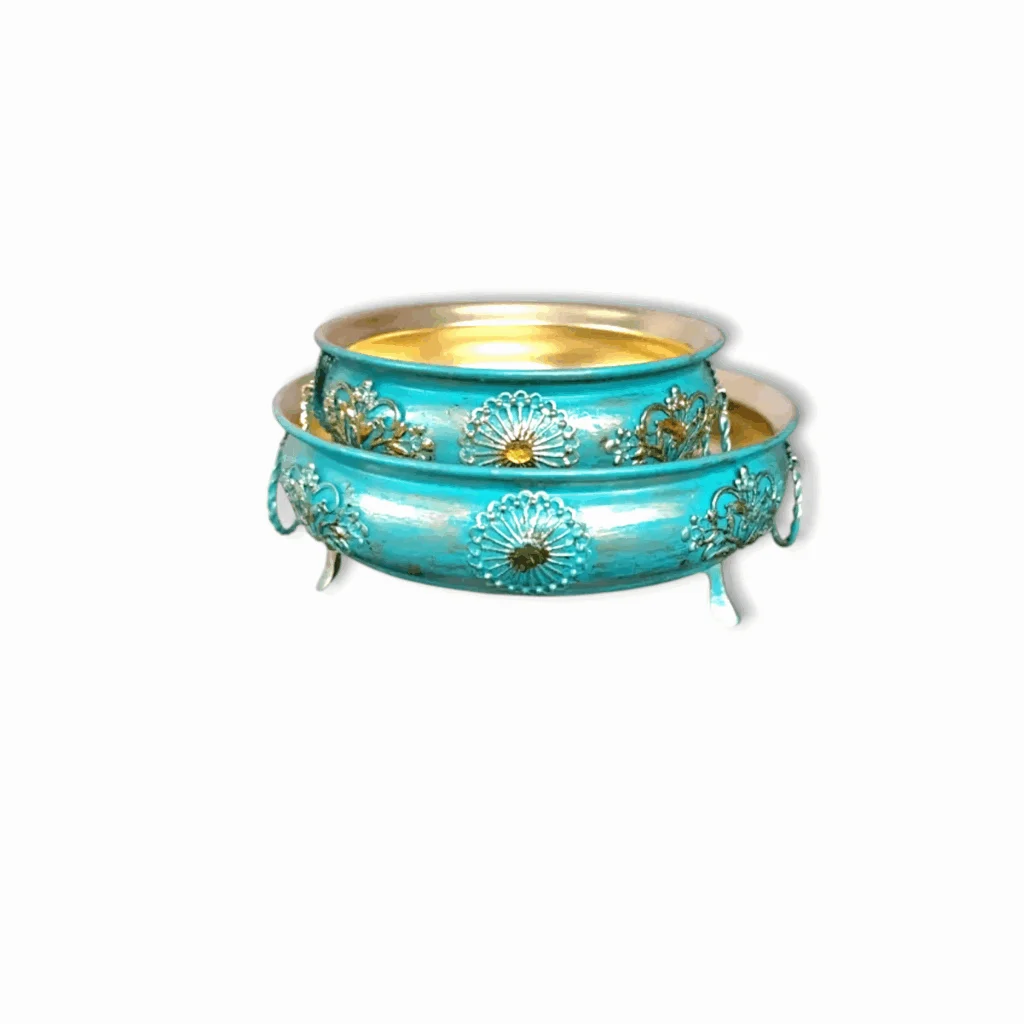 Beautiful Handi Urli Set - Metal Handi Urli Set For Puja Mandir And Home Decorative - Set Of 2 Serving Tray For Puja And DIwali Gift