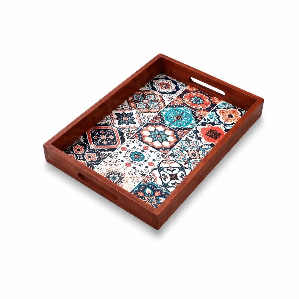Wooden Tea Set Tray - Wooden Printed Tray - Beautiful Printed Wood Tray - Home Decoration Storage Tray