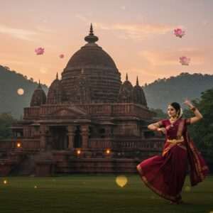 A captivating scene depicting the Kamakhya Temple, nestled amidst lush, verdant hills under a tranquil, pastel-hued sky. The temple, with its distinct dome and ancient architecture, is adorned with intricate patterns inspired by Madhubani and Pattachitra art. Rich colors of maroon and gold highlight the temple's Adhisthana, exuding a mystical aura. In the foreground, a serene Indian woman in a flowing maroon saree performs a traditional dance, her movements echoing the grace of the temple's rich history. Soft, glowing lights and ethereal lotus flowers float in the air, enhancing the spiritual essence. The image blends traditional elements with a modern digital aesthetic, inviting viewers into the mysteries of Kamakhya Temple.