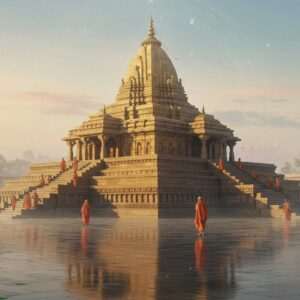 A serene and ethereal depiction of the Kamakhya Temple's Adhisthana at dawn, bathed in a soft, golden glow. The scene showcases the intricately carved stone base, adorned with traditional Indian motifs and patterns reminiscent of Madhubani and Pattachitra art. The temple's foundation is enveloped in a mystical aura, with subtle glowing mandalas and lotus flowers embedded in the design. In the foreground, a tranquil water surface reflects the temple, adding a sense of harmony and spirituality. The sky is painted in pastel hues of soft blue and pale pink, with a gentle mist adding a surreal touch. Indian pilgrims, dressed in traditional attire, are seen in peaceful reverence, enhancing the spiritual ambiance. The art style blends traditional Indian aesthetics with modern digital techniques, offering a captivating and culturally rich visual experience.