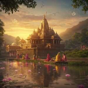 A mesmerizing scene depicting the majestic Adhisthana-Kamakhya Temple, nestled atop the Nilachal Hill, surrounded by lush greenery and a mystical aura. The temple's ancient architecture is highlighted with intricate carvings and motifs, bathed in a warm golden glow from the setting sun. In the foreground, a serene river reflects the temple's silhouette, with soft, pastel-colored lotus flowers gently floating on its surface. The sky is adorned with ethereal patterns of mandalas and subtle spiritual symbols, adding to the divine ambiance. Indian women in traditional attire perform sacred rituals with reverence, their expressions serene and meditative. The image captures the blend of history, spirituality, and cultural richness, inviting viewers to delve deeper into the temple's mystical journey. Art style should be hyperrealistic with a touch of fantasy, incorporating traditional Indian art forms with modern digital aesthetics.