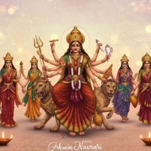 A serene and ethereal depiction of Ashwin Navratri 2025, showcasing Goddess Durga in her nine divine forms, each intricately detailed and adorned with traditional Indian attire in vibrant hues of saffron, maroon, and peacock blue. The Goddess is depicted with multiple arms, holding symbolic weapons and items, such as the trident, lotus, and conch, each hand gracefully poised. The backdrop features an intricate pattern of glowing mandalas and lotus flowers, set against a soft pastel sky with warm golden light, creating a tranquil and spiritual ambiance. Cultural motifs like diyas and rangoli patterns embellish the scene, reflecting the traditional rituals and celebrations of Navratri. The art style blends elements of Madhubani and Pattachitra with modern digital aesthetics, providing a captivating balance of heritage and innovation.