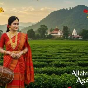 An enchanting scene showcasing the vibrant Assamese culture: A graceful Assamese woman in a traditional mekhela chador, adorned with intricate gold jewelry, stands amidst a lush tea garden. In the background, the majestic Kamakhya Temple is visible on a hilltop, surrounded by serene greenery. The sky is adorned with colorful kites, symbolizing the joyous Bihu festival. Traditional Assamese musical instruments like the dhol and pepa are subtly included in the scene. The color palette features rich greens, saffron, and gold, with a touch of digital modernity to give it a contemporary feel while maintaining cultural authenticity. The atmosphere is warm and inviting, reflecting the harmony and rich heritage of Assam.