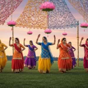 A vibrant scene depicting the Teeyan festival with a group of Indian women dressed in traditional Punjabi attire, featuring vivid colors like saffron, peacock blue, and maroon. They are performing Giddha dance under a canopy of glowing, intricate mandalas and hanging lotus flower decorations. The setting is an open field with lush green grass and a soft pastel sky. The women wear gold jewelry and have henna designs on their hands. The atmosphere is festive, joyful, and culturally rich, with elements of traditional Indian motifs blended seamlessly into a modern digital aesthetic. The overall tone is one of celebration, community, and cultural heritage.