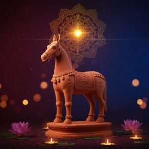 A majestic terracotta Bankura horse standing proudly on a pedestal, surrounded by intricate patterns and motifs inspired by Madhubani and Pattachitra art. The horse is depicted with its iconic elongated ears and elegant posture, its body adorned with delicate carvings that reflect traditional Indian craftsmanship. The background features a serene blend of deep maroon and peacock blue hues, with soft glowing lights and lotus flowers enhancing the spiritual ambiance. Above the horse, a glowing mandala with a golden hue adds a touch of modern digital aesthetics. The scene embodies a harmonious fusion of heritage and innovation, capturing the cultural essence and significance of the Bankura horse in Indian art and culture.