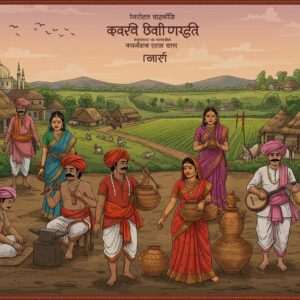 An intricate digital illustration depicting the vibrant village life of rural Maharashtra, showcasing the Bara Balutedar system. In the foreground, twelve figures represent the different Balutedar castes, each dressed in traditional attire that reflects their specific role, such as a blacksmith with tools, a potter shaping clay, and a bard with a musical instrument. The background features a bustling village scene with typical Maharashtrian architecture, lush green fields, and distant hills under a soft, pastel sky. The image uses rich colors like maroon, gold, and peacock blue, with intricate patterns and cultural motifs such as mandalas subtly integrated into the scene. The art style merges traditional Indian aesthetics with modern digital techniques, emphasizing cultural richness and historical depth.