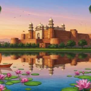 A vibrant, digital illustration of Bathinda's iconic Qila Mubarak, standing majestically under a sky painted with soft, pastel hues of dawn. The fort is intricately detailed, with its historic architecture highlighted against the gentle glow of the morning sun. In the foreground, a serene reflection of the fort shimmers on a calm water surface, surrounded by blooming lotus flowers. Traditional motifs like peacock feathers and marigold garlands are subtly integrated into the landscape. The scene has a modern yet ethereal quality, blending historical grandeur with a peaceful ambiance that invites exploration and curiosity about Bathinda's rich heritage. The overall tone is inviting and mystical, capturing the essence of Punjab's past within a contemporary digital art style.