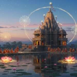 An ethereal scene depicting the mystical Bhandara Ghara Shrine in Gokarna, set against a serene twilight sky painted in soft blues and pale pinks. The shrine is illuminated by a gentle, golden glow, highlighting its intricate carvings and traditional architecture. In the foreground, a peaceful pond reflects the shrine's image, surrounded by delicate lotus flowers and glowing mandalas. A group of Indian pilgrims, dressed in elegant traditional attire, are seen engaged in a tranquil ritual, their expressions serene and contemplative. The atmosphere is imbued with a sense of spirituality and reverence, enhanced by subtle, luminous patterns in the air that suggest divine presence. The art style blends traditional Indian motifs with modern digital aesthetics, creating a harmonious and captivating image.