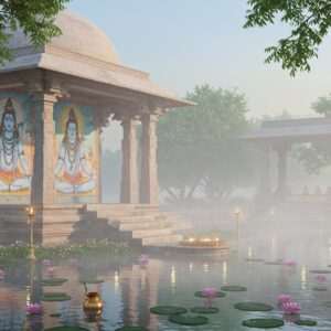 A serene and ethereal depiction of the Bhandara Ghara Shrine in Gokarna, surrounded by lush greenery and sacred peepal trees. The shrine is crafted in a traditional South Indian architectural style, with intricately carved stone pillars and vibrant murals of Hindu deities like Lord Shiva meditating, depicted with a snake coiled around his neck and the crescent moon on his head. In the foreground, a tranquil pond reflects the soft glow of lanterns, with lotus flowers gently floating on its surface. A gentle mist envelops the scene, enhancing the mystical allure. The palette includes pastel hues of soft blue, pale pink, and warm gold, creating a spiritual and peaceful atmosphere. The image combines traditional Indian art elements with a modern digital aesthetic, inviting viewers to explore the shrine's rich history and spiritual significance.