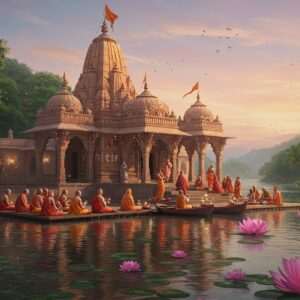 A serene scene depicting the Bhandara Ghara Shrine in Gokarna, nestled amidst lush green landscapes and a tranquil river. The shrine is beautifully adorned with traditional Indian architectural elements, including intricate carvings and vibrant colors. In the foreground, a group of Indian devotees dressed in traditional attire participate in a sacred ritual, their faces reflecting devotion and reverence. The atmosphere is ethereal, with soft glowing lights highlighting the shrine, and a pastel-colored sky adding a sense of peace and spirituality. Large lotus flowers float gently on the river's surface, enhancing the sacred aura of the scene. The art style should merge traditional Indian aesthetics with modern digital techniques, using deep colors like saffron and maroon, and intricate patterns to capture the cultural essence.