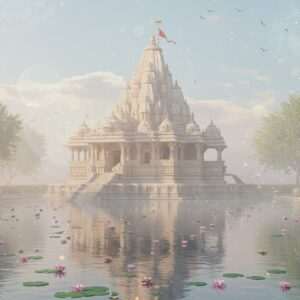 A serene, ethereal depiction of the Bhandara Ghara Shrine nestled amidst the lush, verdant landscape of Karnataka. The shrine, an architectural marvel, stands majestically with its intricate carvings and traditional Indian motifs, surrounded by a soft, golden glow that highlights its mystical aura. In the foreground, a tranquil water surface reflects the shrine, adorned with floating lotus flowers and gentle ripples. The scene is enveloped in a pastel color palette with hues of soft blue, pale pink, and warm gold, emphasizing tranquility and spiritual allure. The atmosphere is serene and inviting, with subtle elements like glowing mandalas and gentle beams of light filtering through the trees, creating a sense of wonder and reverence.