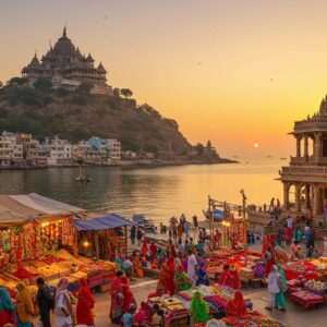 A vibrant, bustling scene of Bhavnagar's iconic Takhteshwar Temple perched on a hilltop, overlooking the city. In the foreground, a traditional Indian market full of colorful stalls selling textiles, spices, and local handicrafts. People in traditional Gujarati attire and tourists mingle, capturing the blend of old and new. The background features the serene waters of the Gulf of Khambhat reflecting the setting sun, casting a warm, golden glow over the city. The sky is painted in hues of orange and pink, with subtle digital enhancements to add a modern, artistic touch. The overall composition exudes a sense of exploration and cultural richness, inviting viewers to delve into the guide.