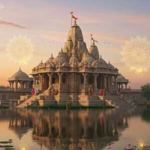 A serene, ethereal depiction of a hidden temple in Bhavnagar, Gujarat, set against a backdrop of a soft pastel sunset sky. The temple features intricate carvings and traditional Gujarati architectural elements, with ornate spires and detailed stonework. In the foreground, a tranquil pond reflects the temple's image, surrounded by lush greenery and lotus flowers. The scene is adorned with glowing mandalas and soft golden lights emanating from the temple, symbolizing spiritual energy. Indian devotees in traditional attire are seen peacefully exploring the site, adding a sense of reverence and mindfulness. The art style is a harmonious blend of traditional Indian art forms with modern digital aesthetics, creating a captivating invitation to explore Bhavnagar's spiritual havens.