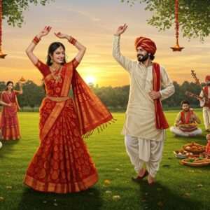 An Indian man and woman dressed in traditional Bhojpuri attire, the woman in a vibrant red and gold saree with intricate patterns, and the man in a white dhoti and kurta. They are dancing joyfully in a lush green field, surrounded by traditional Bhojpuri musical instruments like the dholak and harmonium. In the background, a group of people are celebrating with a feast, showcasing popular Bhojpuri dishes. The scene is infused with a festive atmosphere, with colorful floral garlands and decorations hanging from trees. The art style combines traditional Indian elements with modern digital aesthetics, using rich colors like maroon, gold, and peacock blue. The setting sun casts a warm, golden glow over the scene, emphasizing the cultural richness and harmony.