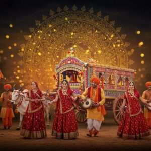 A vibrant and colorful scene depicting a traditional Bhojpuri village celebration. In the foreground, a group of Indian men and women dressed in traditional Bhojpuri attire are dancing joyfully to folk music, their clothes in hues of maroon, saffron, and peacock blue. The women are adorned with intricate gold jewelry and henna on their hands, while the men wear vibrant turbans. Behind them, a beautifully decorated ox cart stands, symbolizing traditional rural life. The backdrop features a golden, glowing mandala in the sky, with motifs of lotus flowers and peacocks, reflecting the deep cultural heritage. The scene is illuminated with soft glowing lights, giving it a surreal and ethereal quality, capturing the essence of Bhojpuri culture with a modern digital aesthetic.