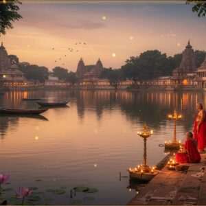 An ancient, serene Bindusagar Lake set in the heart of Odisha, surrounded by lush greenery and intricately carved stone temples. The water is calm and reflects a pastel-hued sky with soft glowing lights, creating an ethereal atmosphere. Traditional Indian boats gently float on the lake, and a group of Indian devotees in traditional attire perform a ritual on the banks, surrounded by flickering oil lamps. The scene is rich with cultural motifs like lotus flowers and mandalas, with a blend of digital aesthetics and traditional art styles using deep colors like saffron, maroon, and peacock blue, capturing the lake's historical and spiritual essence.