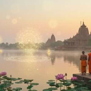 A serene, ethereal depiction of Bindusagar Lake at dawn, with its tranquil waters reflecting a soft, pastel-colored sky of pale pink and warm gold. Intricate patterns of glowing mandalas hover gently above the lake's surface, symbolizing the spiritual energy and holiness of the site. Surrounding the lake are lush lotus flowers, their large petals shimmering in the early light. In the background, the temple structures of Bhubaneswar rise majestically, intricately detailed with traditional Indian architectural motifs. A group of Indian pilgrims, in traditional attire, stand reverently by the water's edge, their expressions serene and contemplative. The art style merges traditional Indian aesthetics with modern digital elements, emphasizing the sacred and peaceful atmosphere.