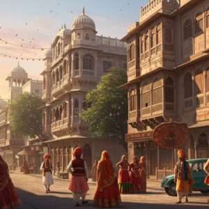 A picturesque street scene in Sikar, blending British colonial architecture with traditional Rajasthani elements. Elegant buildings with Victorian facades are adorned with intricate Rajasthani jaali (latticework) and colorful frescoes. The street is bustling with traditionally dressed Indian characters, some in vibrant Rajasthani attire and others in colonial-era outfits, symbolizing the cultural amalgamation. The sky is a serene pastel blue with soft golden sunlight illuminating the scene, casting gentle shadows. Rich cultural motifs and a sense of history permeate the environment, with a touch of modern digital aesthetic to enhance visual appeal.