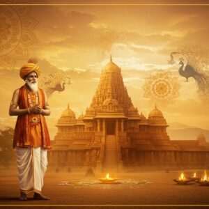 A serene, ethereal digital artwork showcasing the rich culture of Karnataka. In the foreground, a distinguished Indian man in traditional attire, representing key figures of Karnataka's history, stands proudly. He is dressed in an elegant dhoti and kurta, with a Mysore peta (traditional turban) and adorned with intricate gold jewelry. The background features a blend of traditional Karnataka architecture, such as intricately carved temple structures and vibrant rangoli patterns. The scene is bathed in warm, golden light, reflecting the deep cultural heritage and spiritual essence of the region. Intricate mandala designs and stylized peacock motifs float subtly in the sky, adding a modern digital aesthetic. The color palette includes rich saffron, maroon, and peacock blue, creating a harmonious and inviting atmosphere that draws the viewer into the legacy of Karnataka's cultural icons.