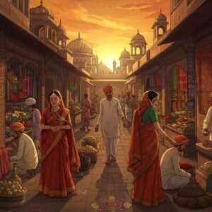A bustling scene capturing the essence of Chadpur's hidden markets and cultural richness. Indian men and women in traditional attire, like colorful sarees and kurtas, are animatedly engaging in trade and conversation. The market stalls are adorned with intricate, colorful patterns and filled with a variety of traditional artifacts, spices, and textiles. The background features a blend of modern and traditional architecture, with a golden sunset casting a warm glow over the scene. Elements like ornate lamps, vibrant Rangoli patterns, and lotus motifs subtly accentuate the cultural depth. The art style merges traditional Indian art forms with modern digital aesthetics, using rich colors like maroon, saffron, and peacock blue to evoke a sense of wonder and cultural vibrancy. The overall atmosphere is lively, inviting, and richly detailed, enticing the viewer to delve deeper into Chadpur's hidden gems.