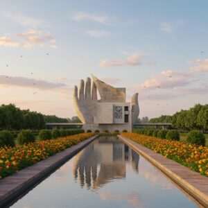 A serene and captivating scene depicting the iconic Open Hand Monument of Chandigarh, designed by Le Corbusier, surrounded by lush, beautifully manicured gardens. The monument stands tall against a backdrop of a clear blue sky with soft, pastel clouds. The gardens are vibrant with colorful flowers, including marigolds and hibiscus, and intricate geometric pathways that reflect the modernist architecture. In the foreground, a tranquil water body reflects the monument, adding a serene and ethereal quality to the scene. The art style is a fusion of traditional Indian aesthetics with modern digital techniques, featuring rich colors and intricate patterns that emphasize the harmony between architecture and nature. The overall tone is peaceful and inviting, with an emphasis on the innovative design and natural beauty of Chandigarh.