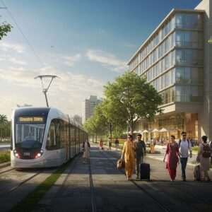 A vibrant, bustling scene of Chandigarh in 2025, showcasing a futuristic skyline with modern architecture blending harmoniously with lush greenery. In the foreground, a sleek electric tram glides along a tree-lined boulevard, while people in contemporary attire are seen boarding it with ease. Nearby, a stylish hotel with glass facades reflects the cityscape, and a group of travelers, including a family and solo backpackers, are checking in at the lobby. In the background, the iconic Open Hand Monument is visible, symbolizing peace and prosperity. The atmosphere is lively yet serene, with a clear blue sky and soft sunlight casting a warm glow on the city. The art style should combine hyperrealism with a touch of digital futurism, using a palette of peacock blue, maroon, and warm gold, capturing the spirit of modern travel and exploration.