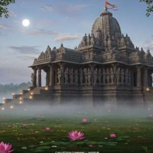A serene depiction of the Chausath Yogini Temple in Hirapur, illuminated under a soft, ethereal moonlit sky. The temple is surrounded by lush greenery, with intricate stone carvings of the 64 Yoginis, each depicted in traditional Indian attire, exuding divine grace and mystery. The scene captures the architectural grandeur and spiritual essence, with gentle mist and warm, glowing lights enhancing the mystical atmosphere. The foreground features lotus flowers and subtle glowing mandalas, creating a tranquil and spiritual ambiance. The art style merges traditional Indian motifs with a modern digital aesthetic, emphasizing harmony and mindfulness.