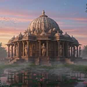 An ethereal depiction of the Chausath Yogini Temple in Hirapur, set against a twilight sky with a mesmerizing glow. The temple, a circular stone structure, is surrounded by lush greenery and lotus-filled ponds. In the foreground, intricate carvings of the 64 yoginis are visible, each with unique postures and expressions, exuding an aura of mysticism and ancient wisdom. The yoginis are depicted with serene faces, adorned in traditional Indian attire with gold ornaments. The scene is illuminated by soft, pastel hues of twilight – blues, pinks, and warm golds – casting a tranquil and spiritual ambiance. The atmosphere is surreal, with subtle mist rising from the ground, enhancing the temple's mystical allure. The art style merges traditional Indian aesthetics with modern digital techniques, providing a captivating blend of heritage and innovation.