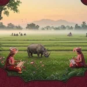 An ethereal landscape of Chirang District, Assam, featuring the lush greenery and serene beauty of Manas National Park. The scene includes a majestic Indian rhinoceros grazing peacefully amidst vibrant wildflowers, with a distant view of the mist-covered Himalayan foothills. Traditional Bodo weavers in colorful attire are seen in the foreground, skillfully crafting intricate handloom textiles, reflecting the region's cultural richness. The sky is painted in pastel hues of dawn, casting a warm golden glow over the landscape. The composition blends traditional Indian art motifs with modern digital aesthetics, highlighting deep colors like maroon and peacock blue, with intricate patterns subtly woven into the natural elements. This harmonious blend of nature and culture captures the hidden gem of Chirang District in an inviting and captivating manner.