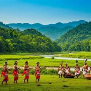 A breathtaking scene of the lush landscapes of Chirang District in Assam, showcasing a vibrant panorama of dense green forests and rolling hills under a brilliant blue sky. In the foreground, a group of traditionally dressed Bodo tribespeople are engaged in a cultural dance, adorned in colorful attire with intricate patterns. A serene river flows gently through the landscape, reflecting the surrounding greenery and the soft glow of the sun. The art style is a harmonious blend of traditional Indian art forms with modern digital aesthetics, featuring rich colors like emerald green and azure blue. The composition captures the essence of tranquility, cultural richness, and natural beauty, inviting readers to explore the hidden paradise of Chirang District.