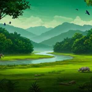 A breathtaking landscape of Chirang District in Assam, India, showcasing the lush greenery and natural beauty of Manas National Park. The scene includes a serene river meandering through dense forests and the majestic Himalayan foothills in the background. Native wildlife such as elephants and rhinos can be seen in their natural habitat, while vibrant, exotic birds soar in the sky. The art style merges traditional Indian elements with modern digital aesthetics, using rich colors like deep green and peacock blue. A subtle glow highlights the tranquility and purity of the untouched wilderness, inviting readers to explore and discover Chirang's hidden gems.