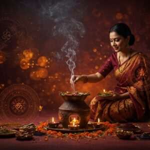 A serene indoor setting with a beautifully crafted Dhuni at the center, featuring a gentle smoke plume rising gracefully. The Dhuni is surrounded by intricate Indian motifs and symbols, with lotus flowers and glowing mandalas softly illuminating the space. Rich colors like maroon, saffron, and peacock blue adorn the scene. An Indian woman in a modern, elegant saree is seen adding herbs to the Dhuni, with a tranquil expression. The background showcases digital aesthetics blending traditional Indian art forms, creating an ethereal and spiritual atmosphere. The lighting is soft and warm, enhancing the sense of peace and mindfulness.