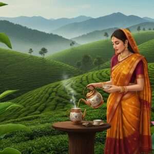A serene, picturesque landscape of Darjeeling's lush tea gardens, with rolling green hills and misty mountains in the background. In the foreground, an elegantly dressed Indian woman in a traditional, vibrant saree (saffron and maroon) gracefully pours steaming Darjeeling tea from an antique teapot into a delicate porcelain cup. The scene is illuminated by a soft, golden light that highlights the rich colors and intricate patterns of her attire. Large, stylized tea leaves and delicate lotus flowers frame the composition, adding a touch of ethereal beauty. The art style combines traditional Indian aesthetics with a modern digital approach, capturing the essence of tranquility and heritage.