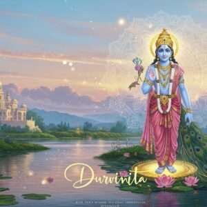An intricate digital artwork depicting a serene Indian landscape with a majestic river flowing through lush greenery. At the center, an ethereal figure representing Durvinita stands gracefully, surrounded by soft glowing lights and pastel hues of blue, pink, and gold. The figure exudes a sense of calm and wisdom, with a glowing mandala behind them. The scene incorporates traditional Indian motifs like lotus flowers and peacock feathers, blending them with a modern digital aesthetic. The atmosphere is tranquil and inviting, drawing the viewer into a journey of discovery about the name's meaning and significance.