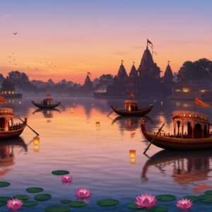 A serene view of Bindusagar Lake during twilight, with the water surface reflecting the soft glow of lanterns and a gentle pastel sunset sky. In the foreground, intricately detailed traditional boats adorned with rich patterns glide across the lake, while the silhouette of ancient temples with ornate carvings stands majestically in the background. The scene is adorned with floating lotus flowers, and the atmosphere exudes tranquility and timelessness. The art style blends traditional Indian motifs with modern digital aesthetics, using deep maroon, gold, and peacock blue tones to highlight the cultural richness of Bindusagar's heritage.
