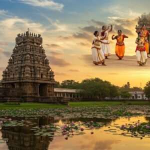 A panoramic scene of Mannar, featuring the ancient Thiruketheeswaram temple in the foreground with its intricate Dravidian architecture. The temple is surrounded by lush greenery and blooming lotus ponds, creating a serene atmosphere. In the background, a traditional Tamil dance performance is taking place, with dancers in colorful attire gracefully moving against a setting sun that casts a warm, golden glow over the landscape. The sky is a blend of peacock blue and saffron hues, dotted with soft pastel clouds. The overall image combines the rich historical essence of Mannar with a modern, ethereal aesthetic, drawing the viewer into a world of cultural wonder.