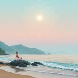 A serene, ethereal depiction of Gokarna's iconic Om Beach at sunrise. The scene features the tranquil shoreline with gentle waves lapping against the sand, surrounded by lush greenery. In the background, a soft, glowing mandala hovers in the sky, casting a warm, golden light over the landscape. A lone Indian yogi, dressed in a simple white dhoti, is seen meditating in the lotus position on a smooth rock by the water's edge, exuding calmness and spirituality. The pastel color palette of soft blues, pale pinks, and warm golds enhances the peaceful atmosphere. The overall composition is both modern and spiritual, inviting the viewer to explore the mystical allure of Gokarna.