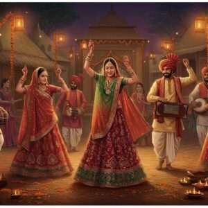 A vibrant and intricate scene depicting a traditional Bhojpuri festival celebration in 2025. Indian men and women dressed in colorful, embellished attire typical of the Bhojpuri region, with women in lehengas and men in dhotis, are dancing joyfully to traditional music. The background features a decorated village square with strings of marigold flowers and lanterns. An array of traditional instruments like the dholak and harmonium are visible, being played by musicians. The foreground showcases intricate patterns inspired by Madhubani art, with motifs like peacocks and lotus flowers. The atmosphere is lively and festive, with a modern digital aesthetic that enhances the richness of colors like saffron, maroon, and peacock blue. The lighting is warm and inviting, capturing the essence of celebration and cultural pride.