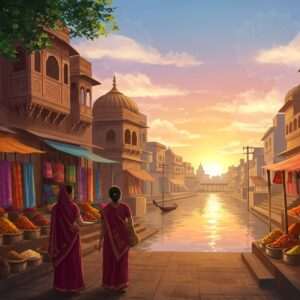 A vibrant digital painting of a bustling marketplace in Chadpur, blending traditional Indian architecture with modern elements. Intricate patterns adorn the buildings, with stalls showcasing an array of colorful spices, textiles, and handicrafts. In the foreground, an Indian woman in a maroon saree is negotiating with a vendor, while in the background, a serene river reflects the golden hues of the setting sun. Peacock blue and saffron tones dominate the scene, with subtle glowing mandalas and lotus motifs enhancing the ethereal atmosphere. The sky is a gradient of pastel pinks and blues, with soft clouds floating above. The art style is a harmonious mix of traditional Indian art forms and contemporary digital aesthetics, capturing the essence of Chadpur's rich culture and modern allure.