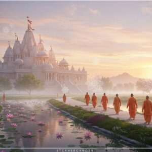 A serene and ethereal scene depicting the tranquil landscapes of Chadpur, with a majestic temple in the background bathed in the warm glow of a setting sun. The temple is intricately designed with elements of traditional Indian architecture, surrounded by lush greenery and calm water bodies reflecting the soft, pastel hues of the sky. In the foreground, a group of spiritual seekers, dressed in traditional yet modernized Indian attire, are seen meditating and walking peacefully along a path lined with blooming lotus flowers and gentle streams. The atmosphere is infused with an aura of tranquility and mindfulness, with subtle glowing mandalas in the air, symbolizing spiritual enlightenment. The overall composition captures the harmonious blend of nature and spirituality, inviting viewers to explore this spiritual gem of Chadpur. The art style merges traditional Indian motifs with contemporary digital aesthetics, ensuring a captivating and immersive visual experience.