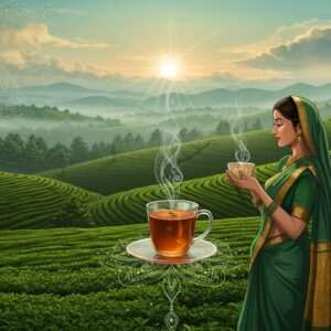 An elegant Indian woman in a traditional saree, delicately holding a steaming cup of Darjeeling tea, stands amidst lush green tea gardens of Darjeeling. The background is a breathtaking panorama of rolling hills under a misty morning sky, with golden sun rays piercing through the clouds. Intricate patterns of mandalas and lotus motifs subtly weave through the scene, reflecting on the surface of the tea. The color palette includes rich greens, warm golds, and soft blues, capturing the serene and spiritual essence of this historical tea region. The art style merges traditional Indian aesthetics with modern digital art, creating a tranquil yet vibrant visual.