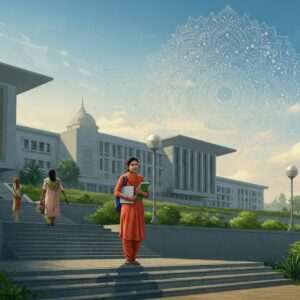 A serene and ethereal depiction of a young Indian student standing on the steps of a modern university campus in Tripura, surrounded by lush greenery and traditional motifs. The student is wearing a combination of contemporary and traditional attire, holding a laptop and books symbolizing education and technology. The background features a harmonious blend of modern architecture and cultural elements like intricate Pattachitra-inspired patterns on the walls, and a large mandala in pastel colors glowing softly in the sky. Soft blue and warm gold hues dominate the palette, emphasizing a balance of innovation and heritage. The scene evokes a sense of hope, progress, and connection to cultural roots.