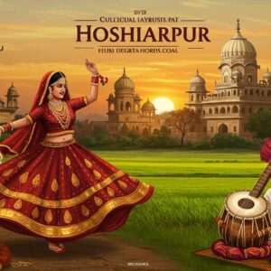 An intricately detailed digital painting depicting the vibrant cultural tapestry of Hoshiarpur. In the foreground, a traditional Punjabi folk dancer is captured mid-spin, her colorful phulkari attire swirling gracefully, adorned with gold and red motifs. The background showcases a historical Hoshiarpur landmark, such as the ancient temples or colonial architecture, bathed in the warm glow of a setting sun. The scene is accentuated with elements like traditional musical instruments (dhol, tabla) and lush green fields, symbolizing the agricultural heritage. The art style combines traditional Indian motifs with modern digital techniques, using rich hues of saffron, maroon, and peacock blue to create a captivating, harmonious blend of history and culture. The atmosphere is lively yet serene, inviting readers to delve into the cultural richness of Hoshiarpur.